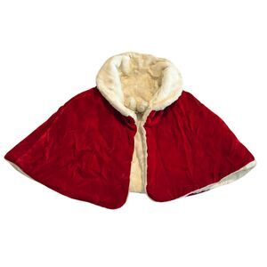 Vintage Red Velvet Cape Toddler or Doll Sized Holiday Wrap Handmade w/ Faux Fur